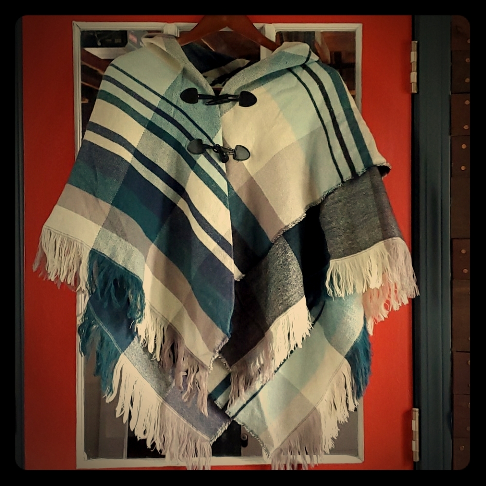 Teal Multi Plaid Toggle Shawl- Small